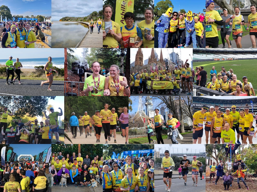 A collage of 13 photos, mostly group shots at major events: Run Melbourne, Stadium Stomp, Melbourne Marathon, Puffing Billy, but also shots from strength wednesdays, Tan training sessions and trail running excursions.