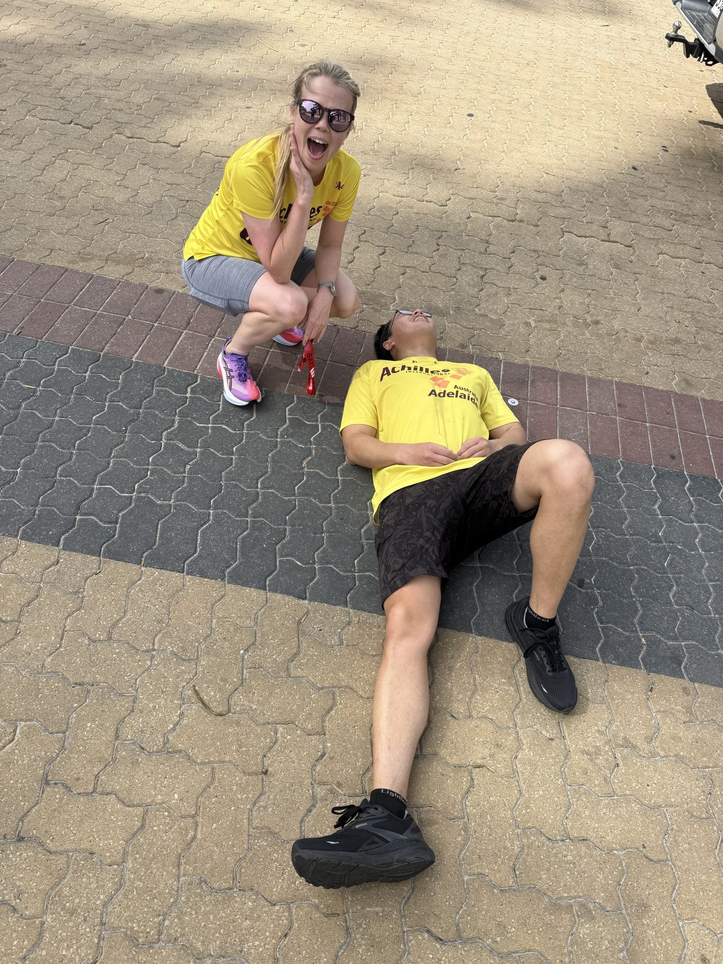 Anna and Johnny at the end of their run with Johnny lying on the floor and Anna smiling 11th Oct 2025